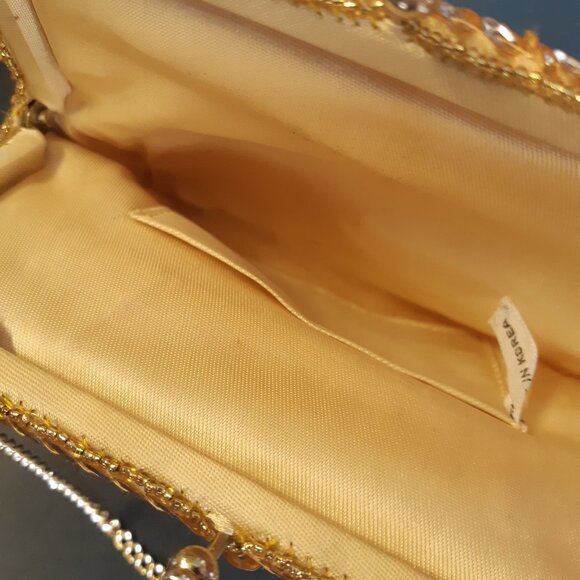 Vintage Gold Sequined Evening Kiss Lock Handbag /Clutch w/ Chain -6.5 x 5 inches - Picture 8 of 11